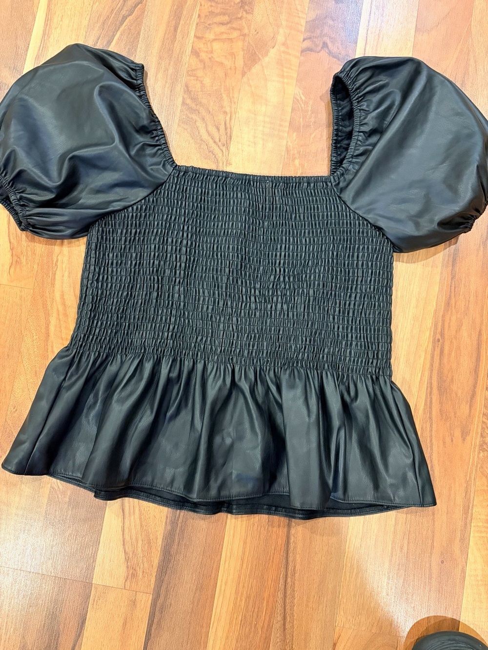 Smocked Square-Neck Peplum Top in Black - Picture 8 of 8